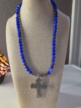 Ornate Cross Necklace With Blue Beads- Unbranded